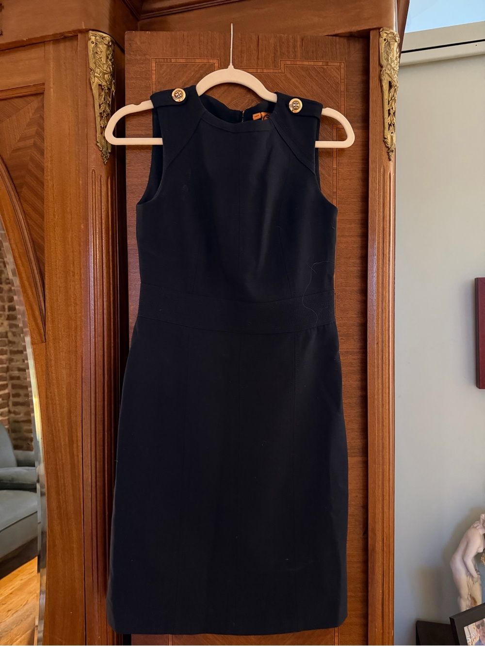 Tory Burch Navy Sleeveless Sheath Dress with Gold Button Details